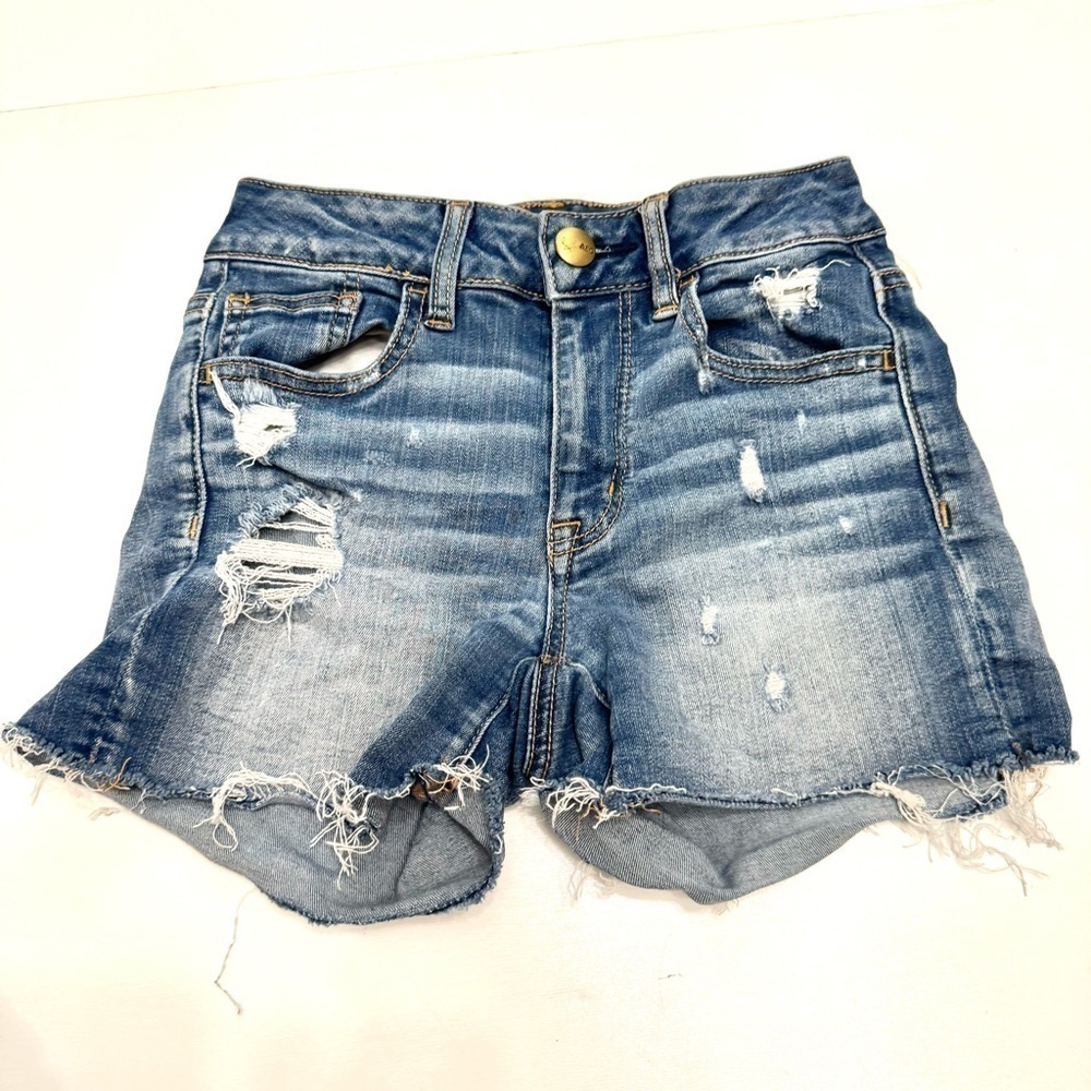 American eagle denim distressed hi rise shortie short size 00